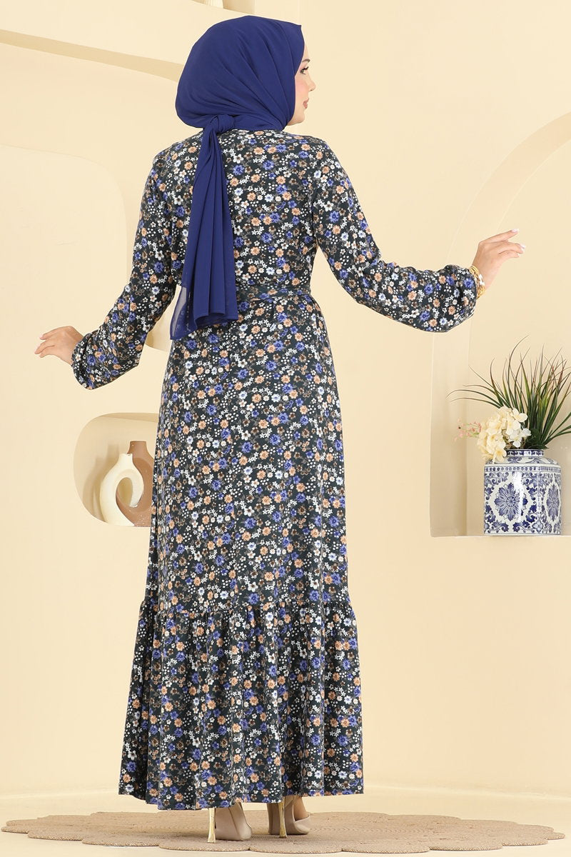 Long Belted Suede Knit Dress - Navy