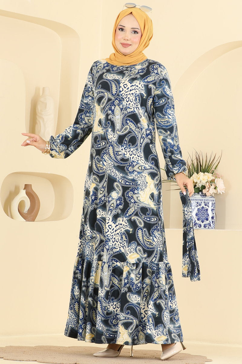 Long Belted Suede Knit Dress - Navy 2