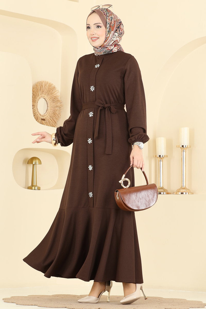 Long Belted Crepe Knit Dress - Brown