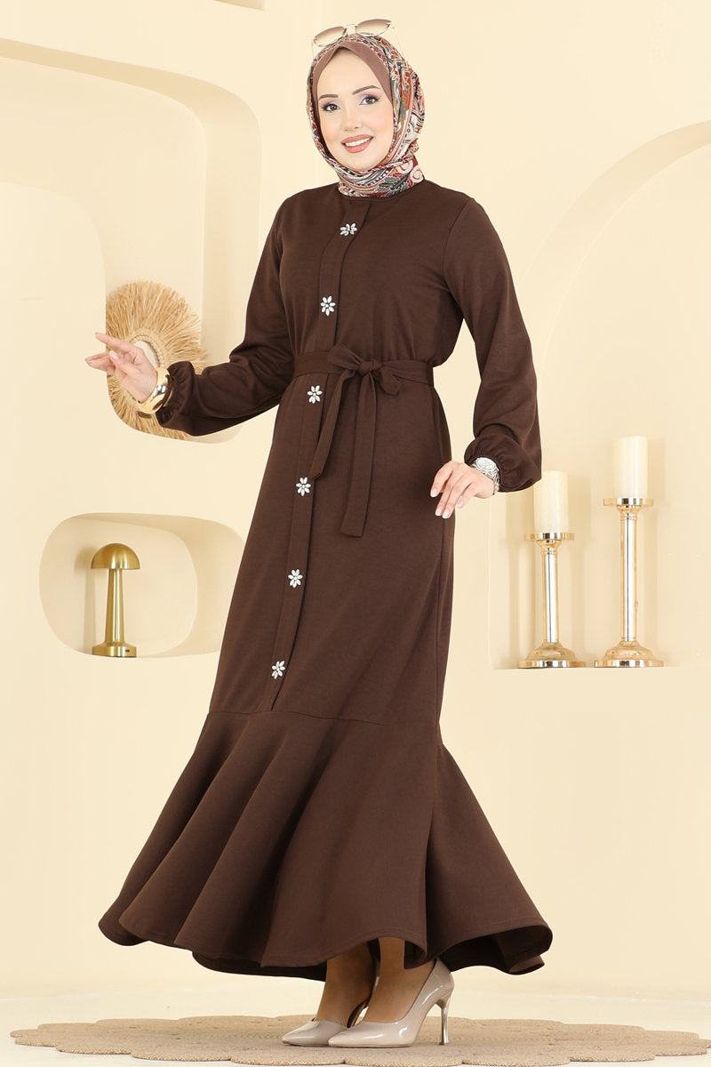 Long Belted Crepe Knit Dress - Brown