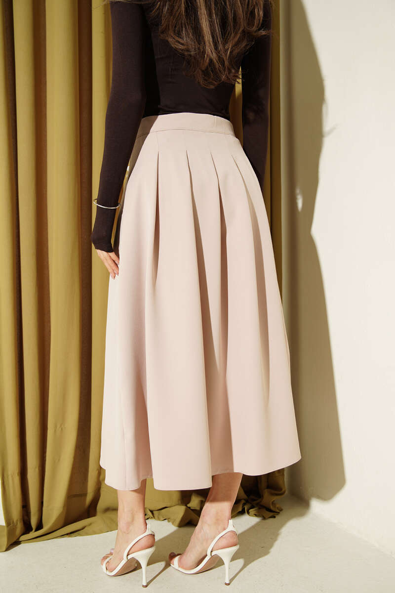 Belted Midi Skirt with Slit - Beige