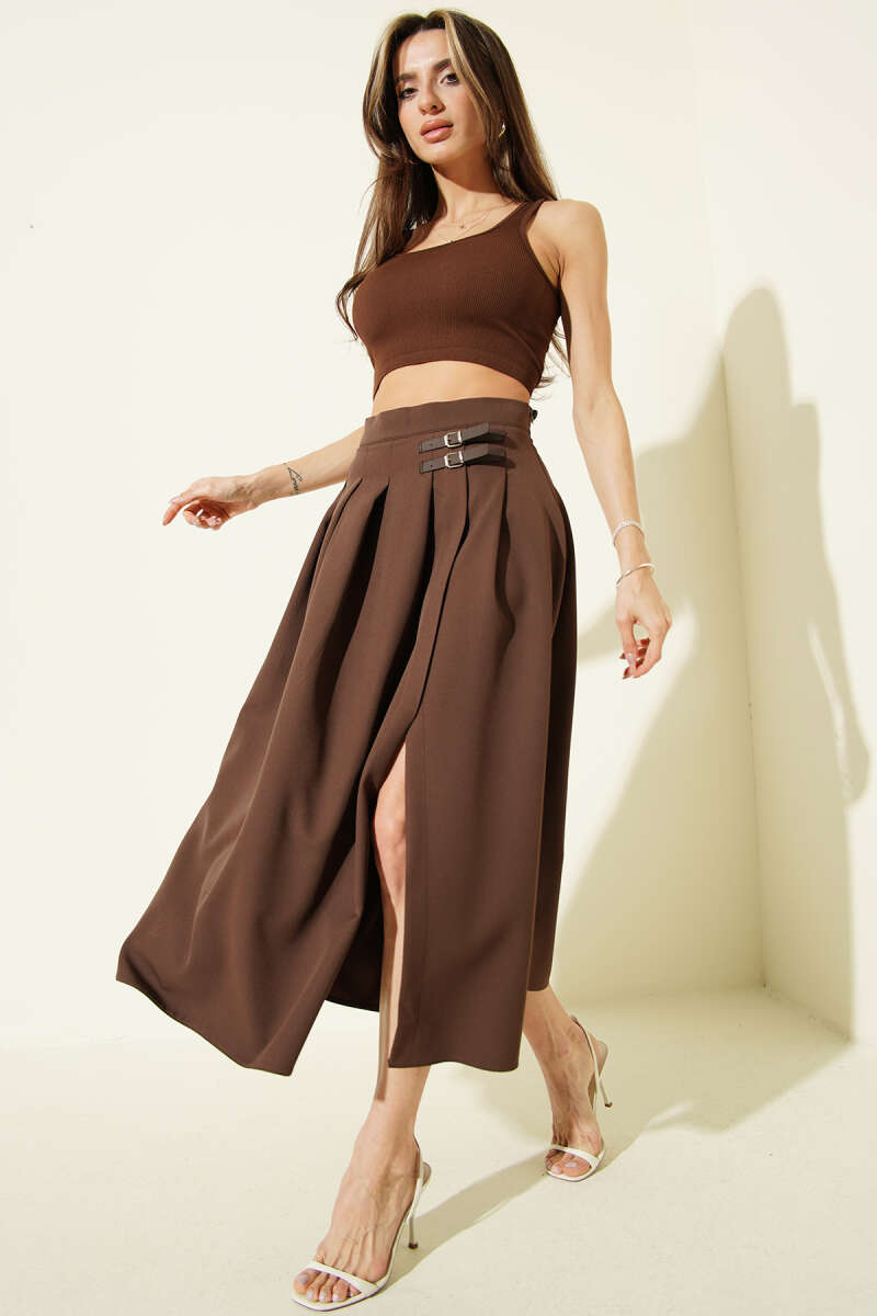 Belted Midi Skirt with Slit - Brown