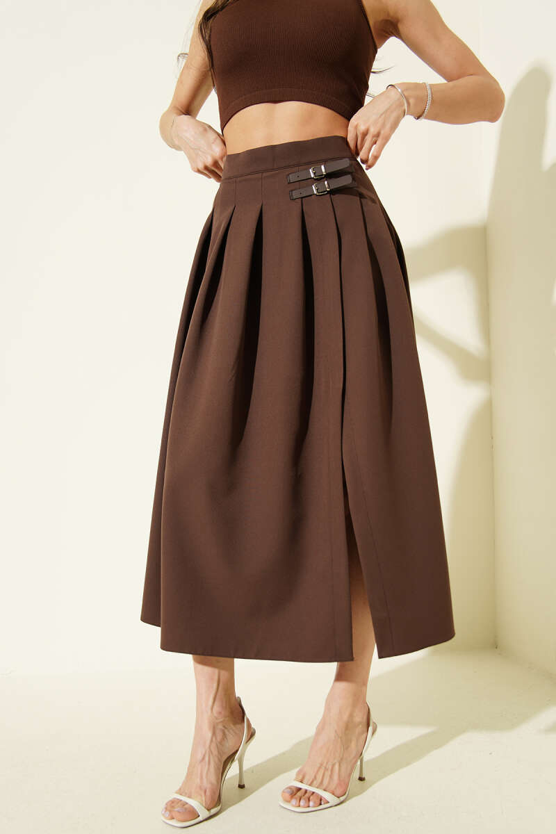 Belted Midi Skirt with Slit - Brown