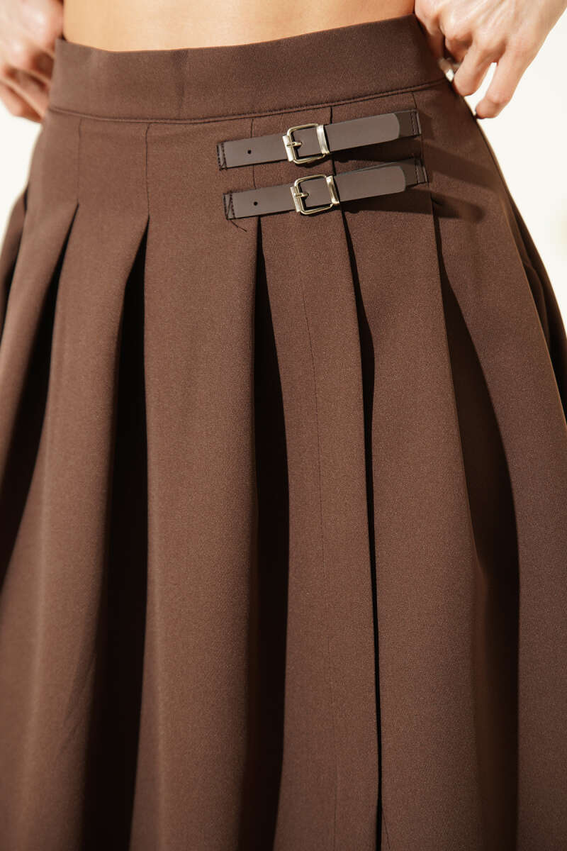 Belted Midi Skirt with Slit - Brown