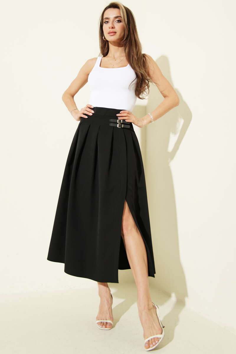 Belted Midi Skirt with Slit - Black