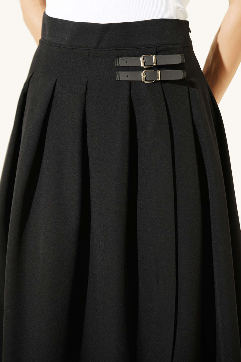 Belted Midi Skirt with Slit - Black