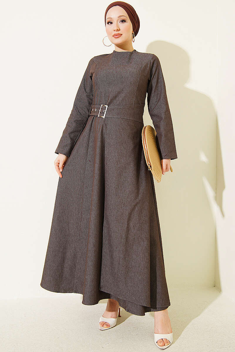 Denim Dress with Belt-Flap Detail - Brown