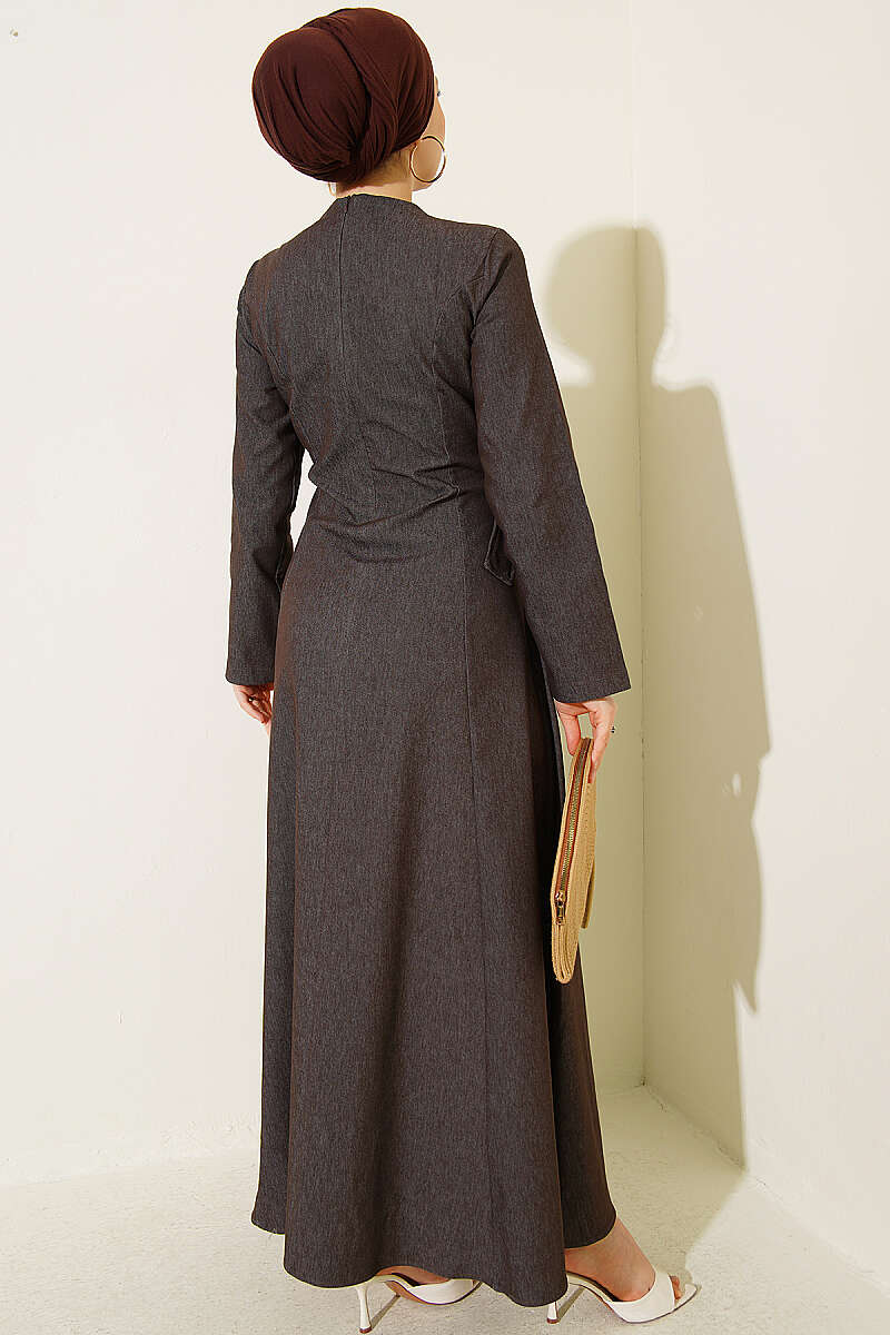 Denim Dress with Belt-Flap Detail - Brown