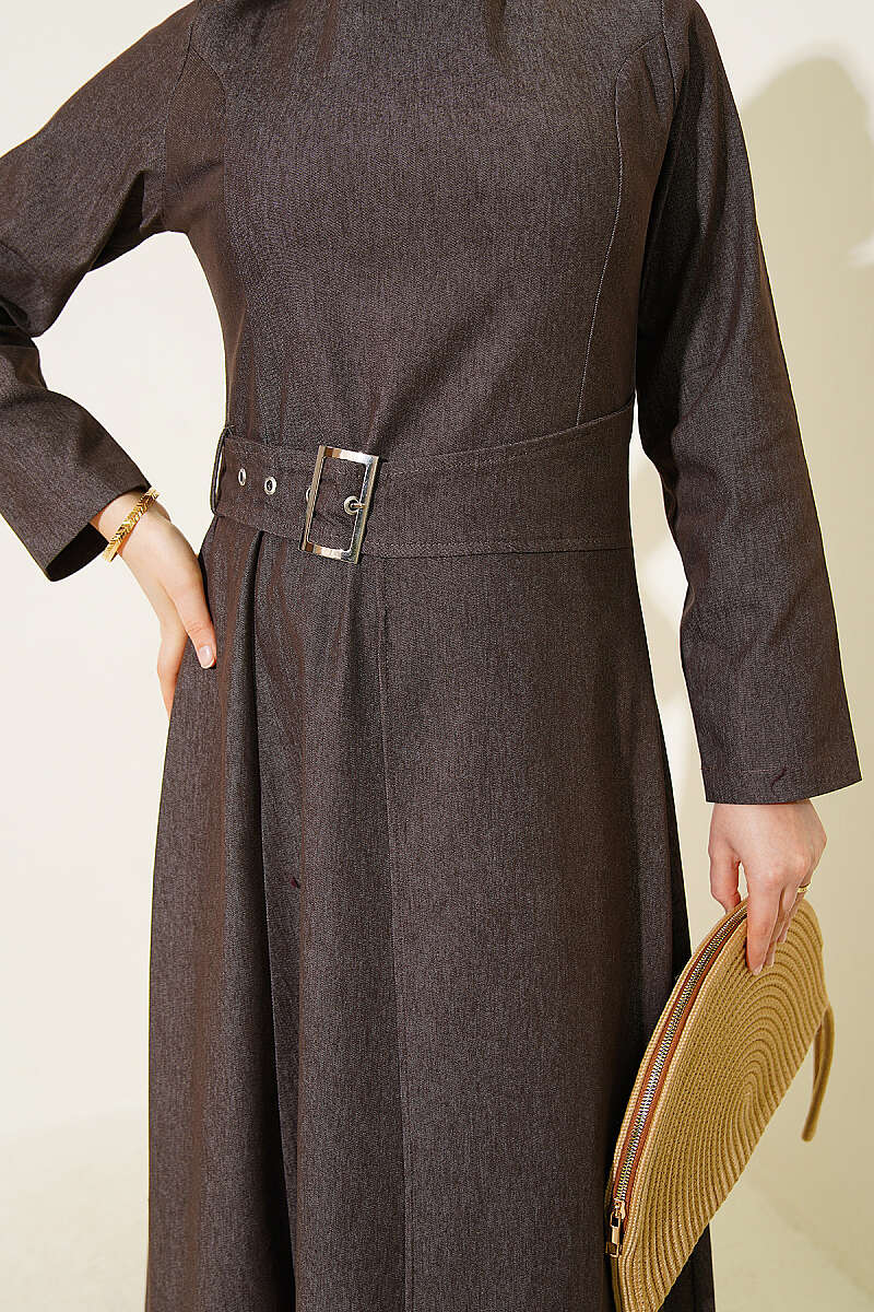 Denim Dress with Belt-Flap Detail - Brown