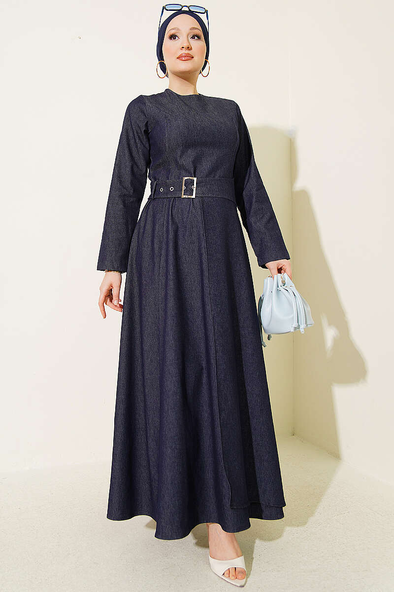 Denim Dress with Belt-Flap Detail - Navy