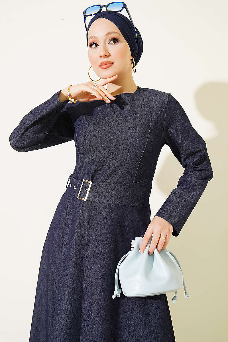 Denim Dress with Belt-Flap Detail - Navy
