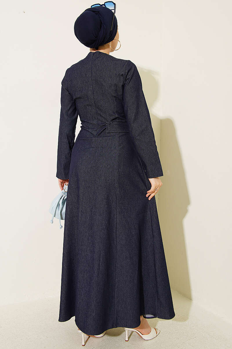 Denim Dress with Belt-Flap Detail - Navy
