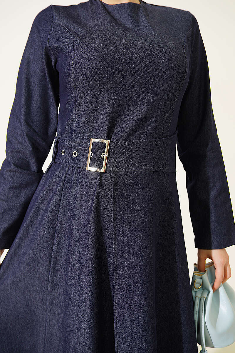 Denim Dress with Belt-Flap Detail - Navy