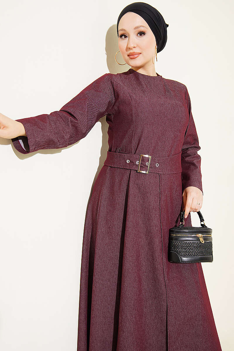Denim Dress with Belt-Flap Detail - Plum
