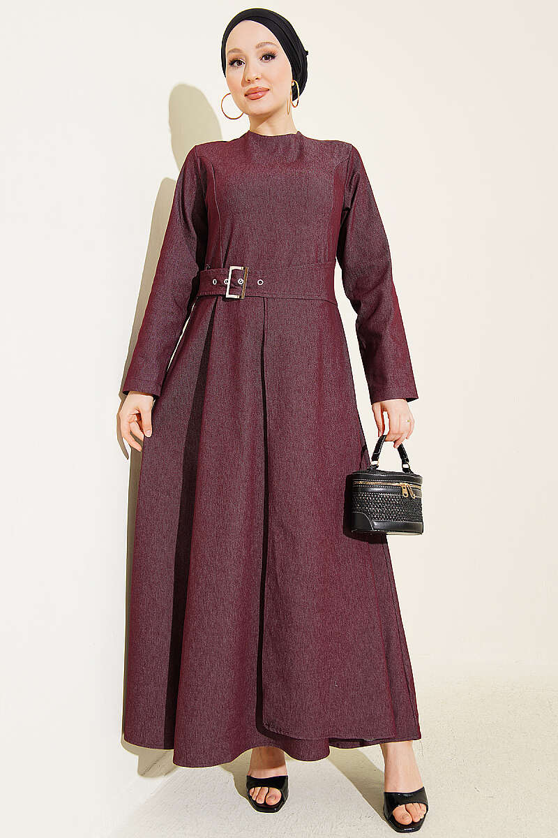 Denim Dress with Belt-Flap Detail - Plum
