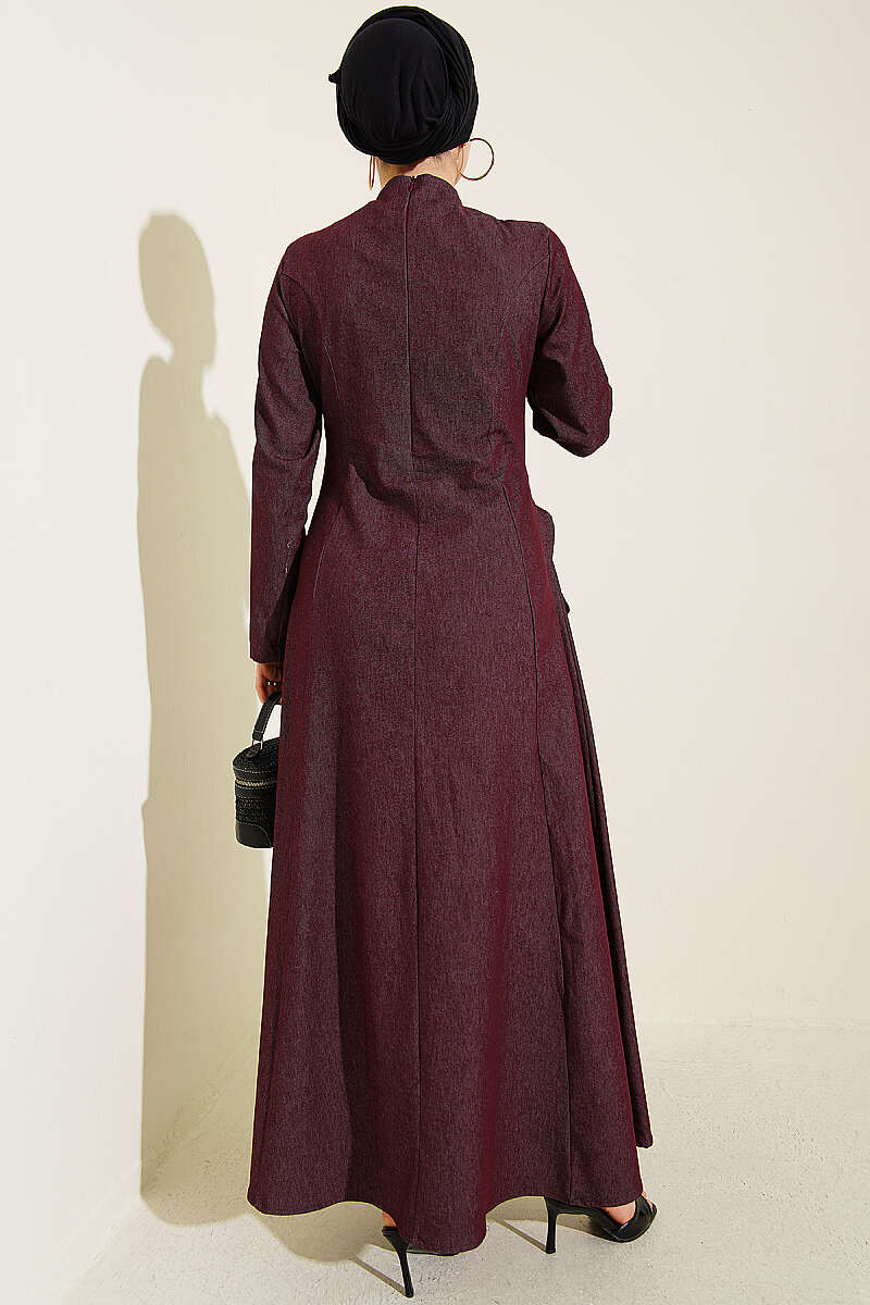 Denim Dress with Belt-Flap Detail - Plum
