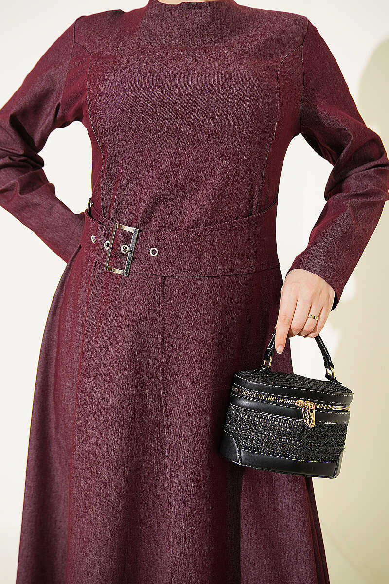 Denim Dress with Belt-Flap Detail - Plum