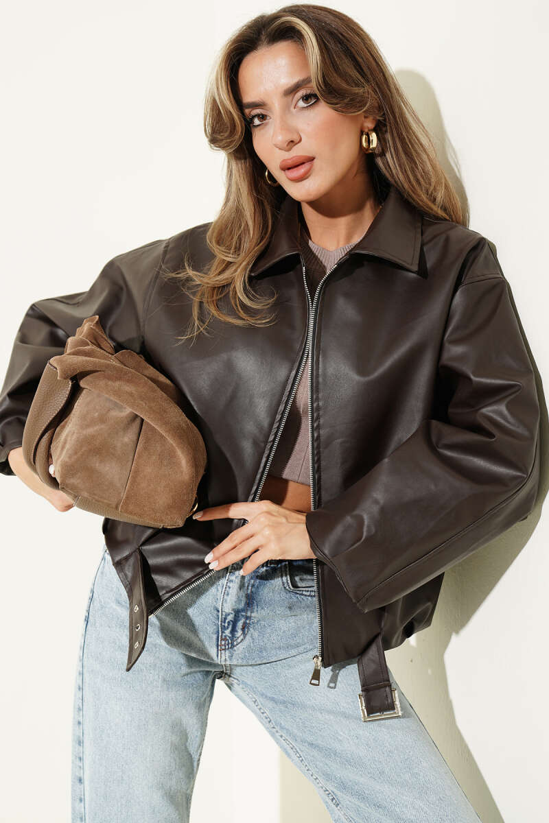 Faux Leather Jacket with Belt Buckle - Dark Brown