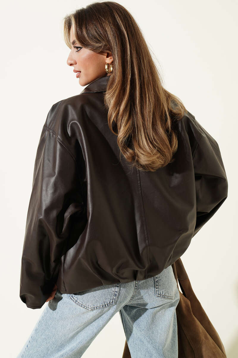 Faux Leather Jacket with Belt Buckle - Dark Brown