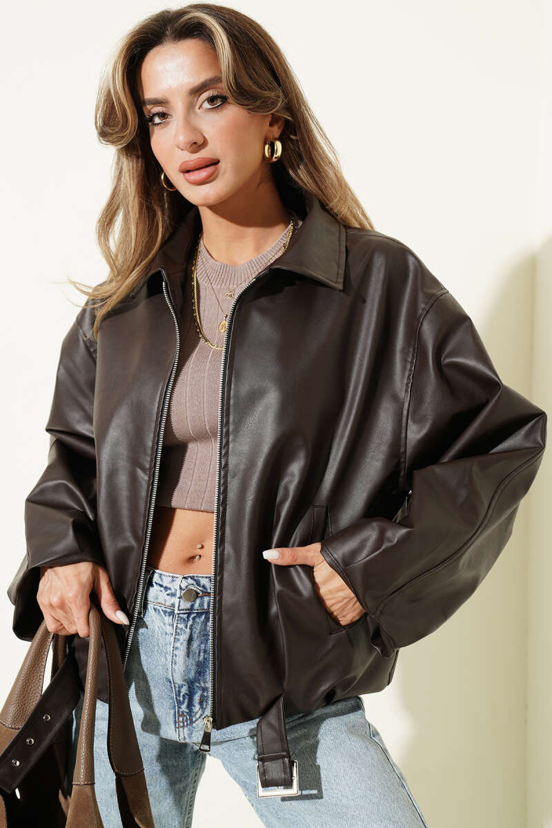 Faux Leather Jacket with Belt Buckle - Dark Brown