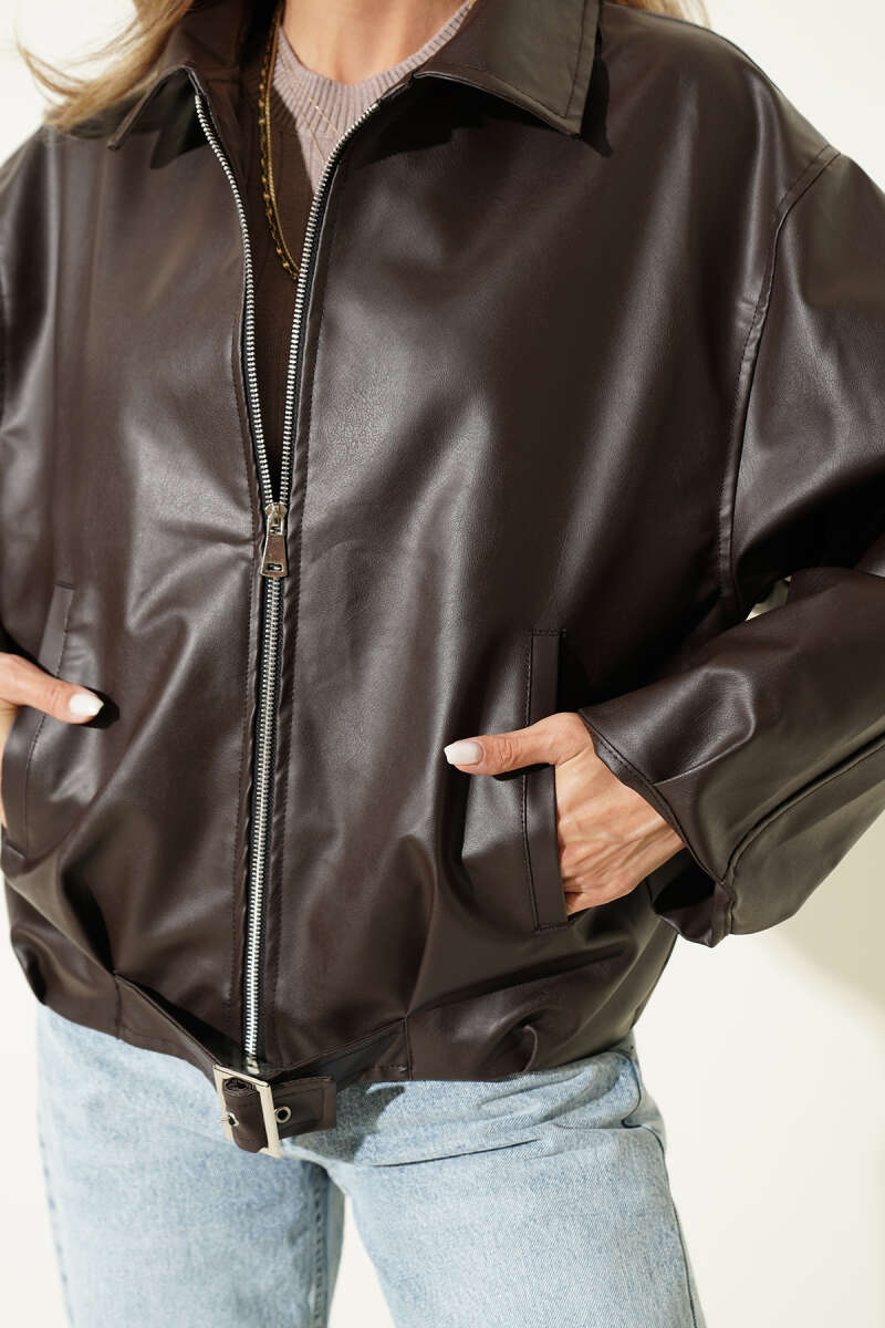 Faux Leather Jacket with Belt Buckle - Dark Brown