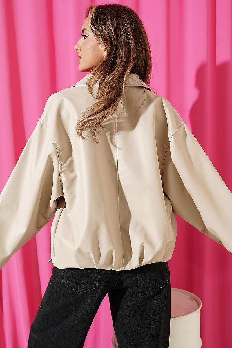 Faux Leather Jacket with Belt Buckle - Beige
