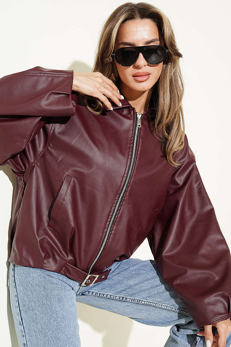 Faux Leather Jacket with Belt Buckle - Burgundy