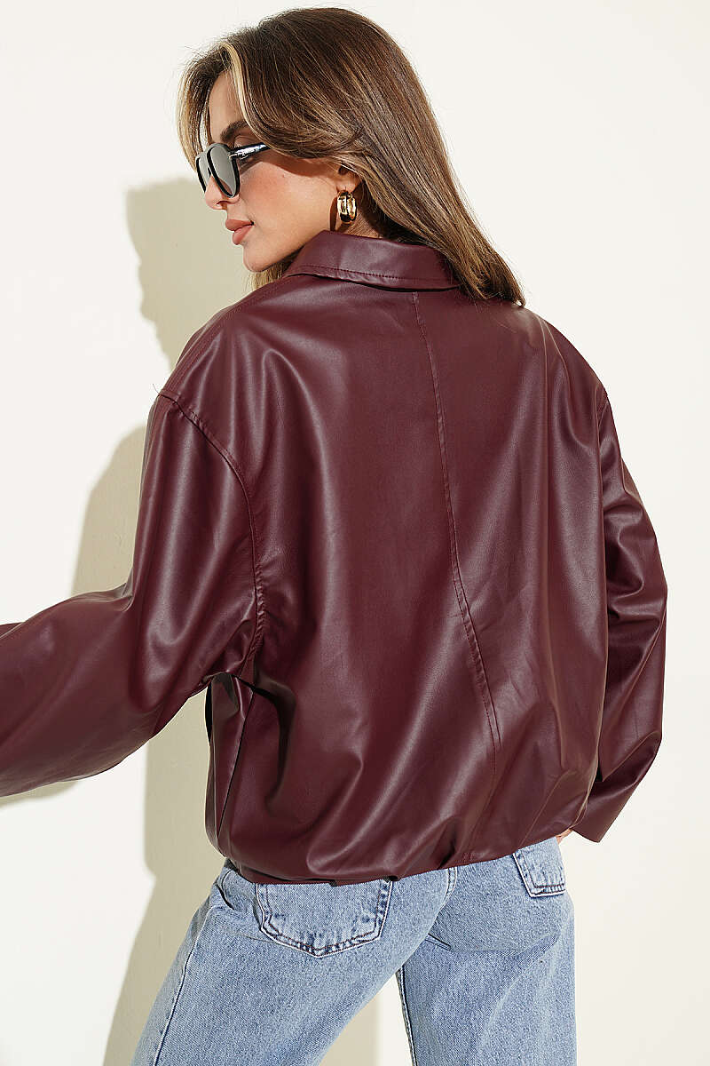 Faux Leather Jacket with Belt Buckle - Burgundy