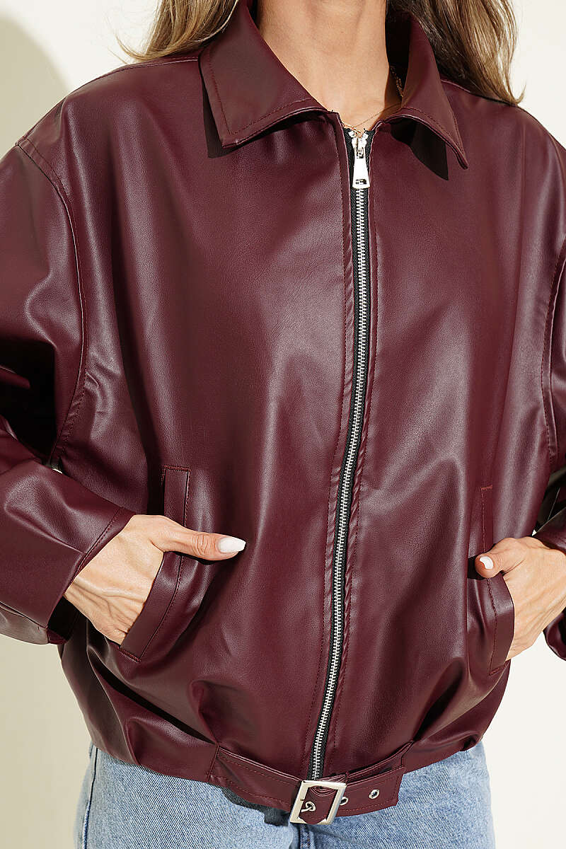 Faux Leather Jacket with Belt Buckle - Burgundy