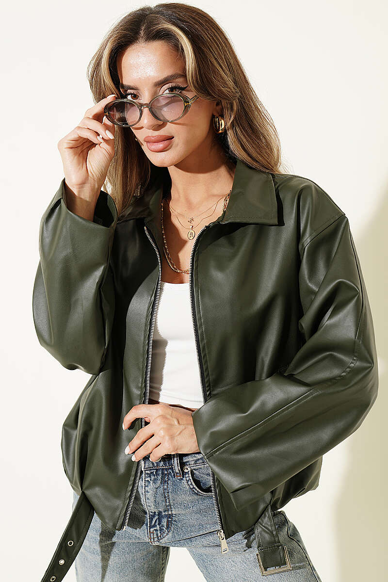 Faux Leather Jacket with Belt Buckle - Khaki