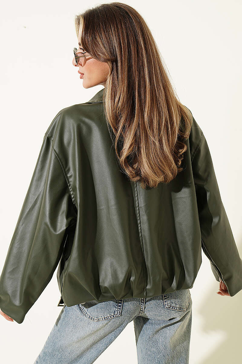 Faux Leather Jacket with Belt Buckle - Khaki