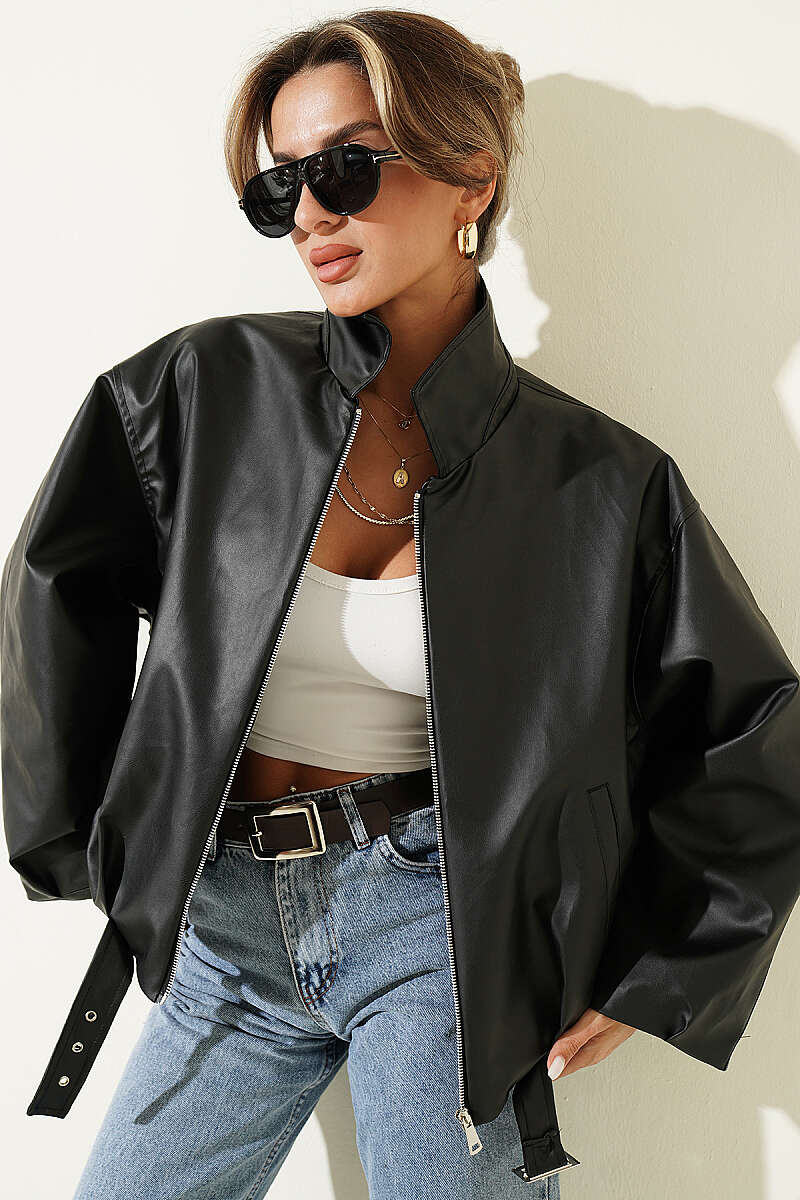 Faux Leather Jacket with Belt Buckle - Black