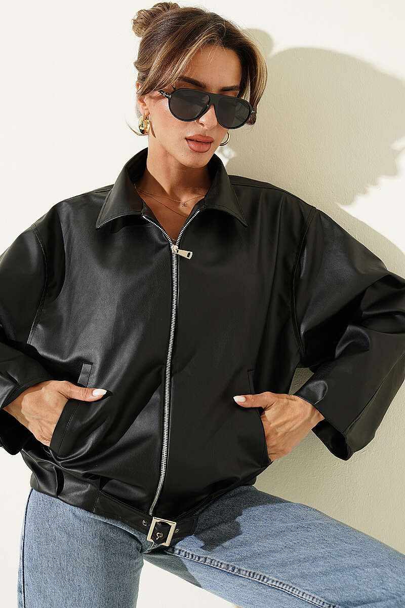 Faux Leather Jacket with Belt Buckle - Black