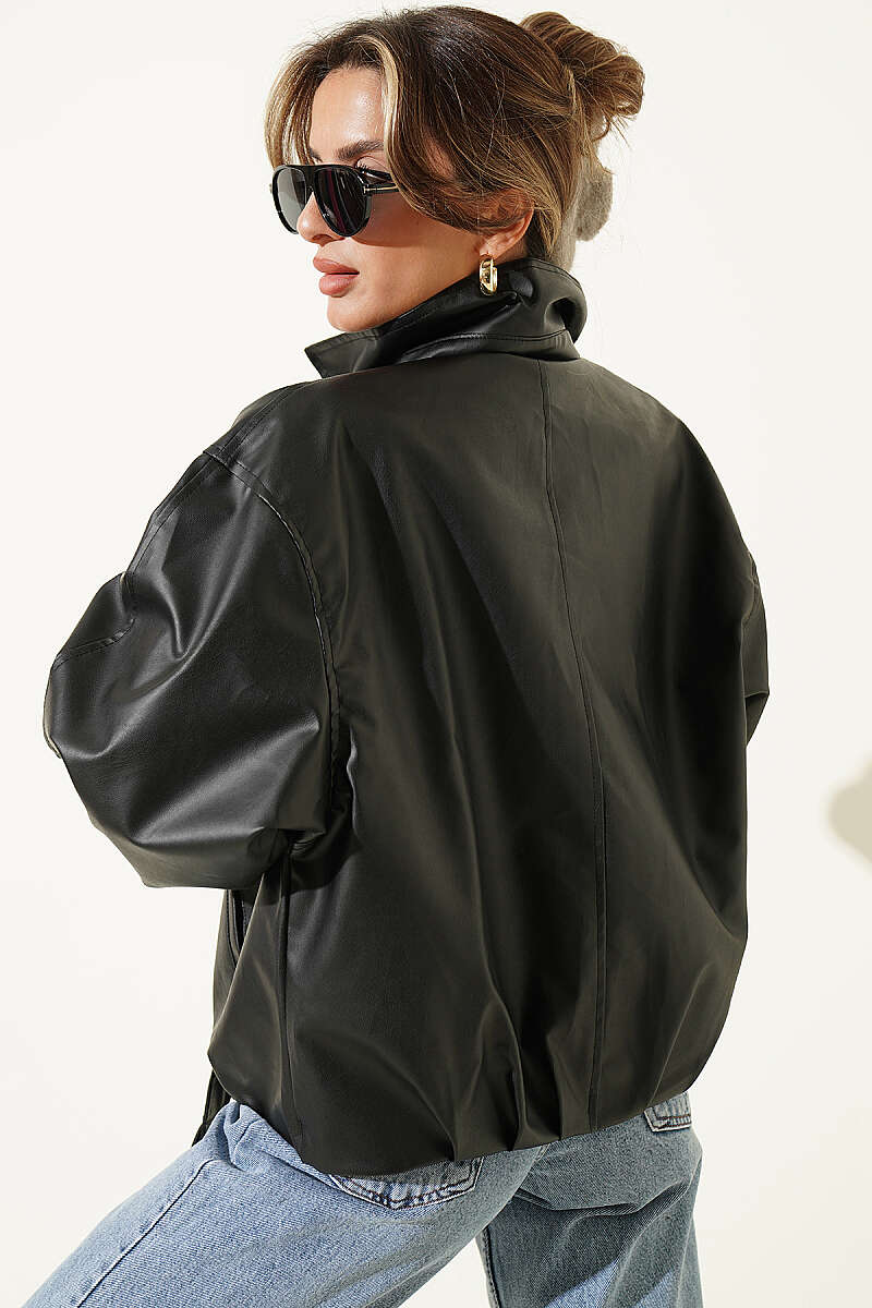Faux Leather Jacket with Belt Buckle - Black
