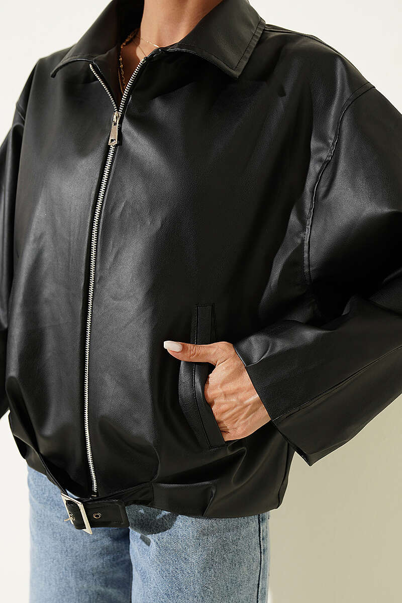 Faux Leather Jacket with Belt Buckle - Black
