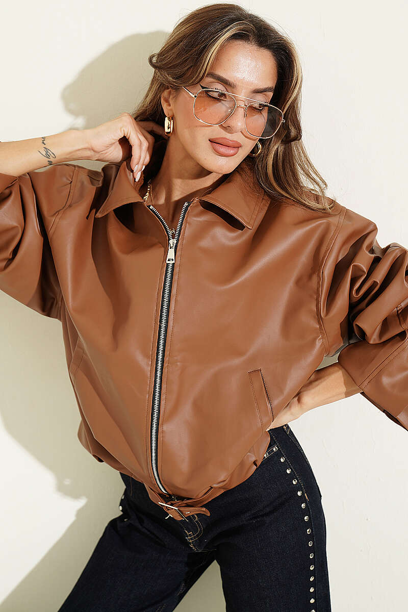 Faux Leather Jacket with Belt Buckle - Tan