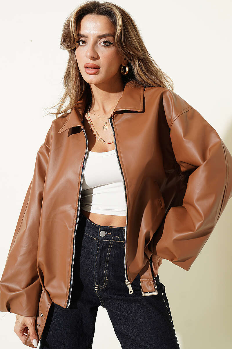 Faux Leather Jacket with Belt Buckle - Tan