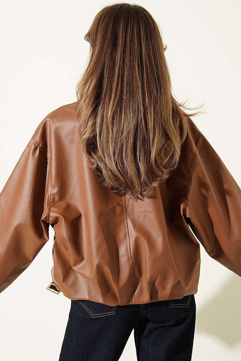 Faux Leather Jacket with Belt Buckle - Tan