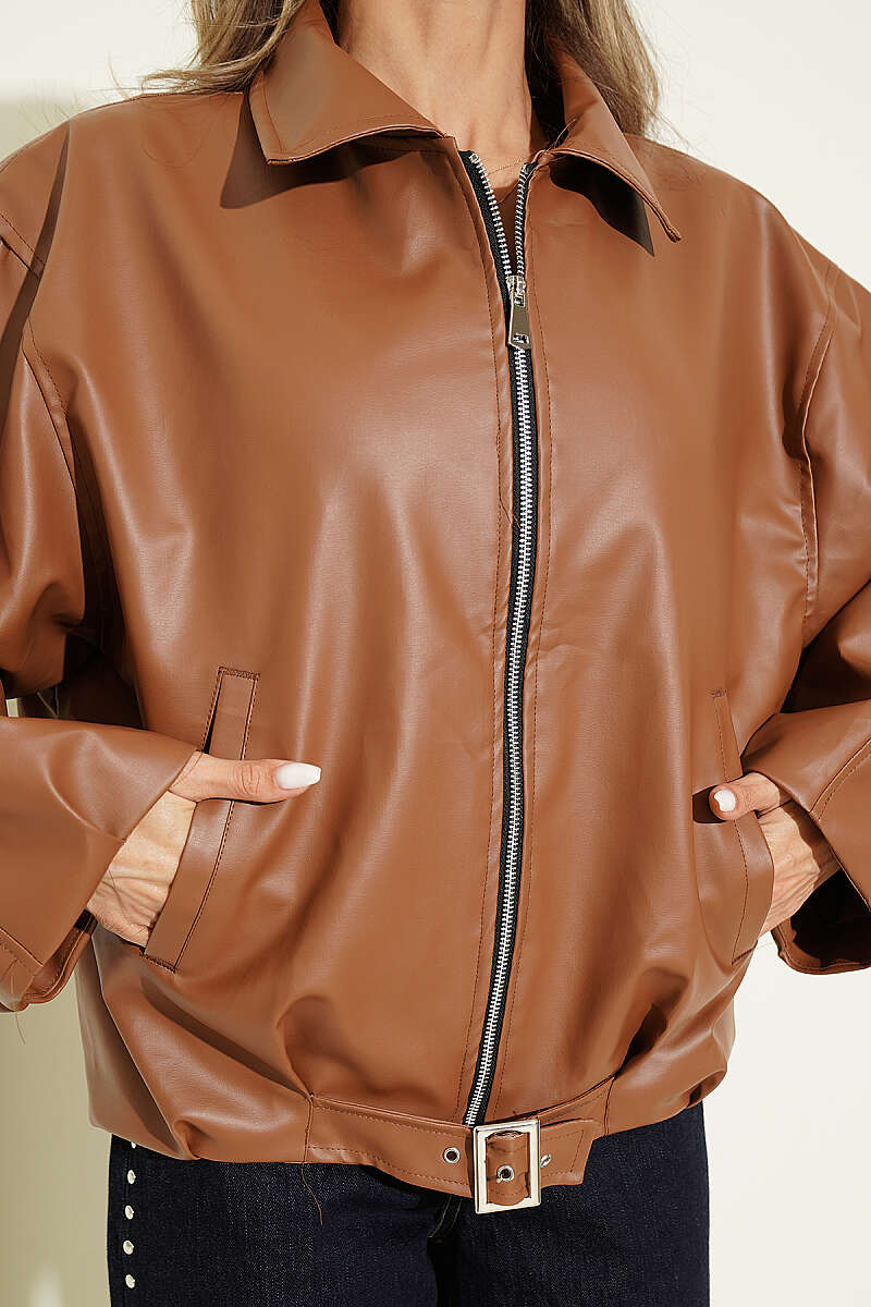 Faux Leather Jacket with Belt Buckle - Tan