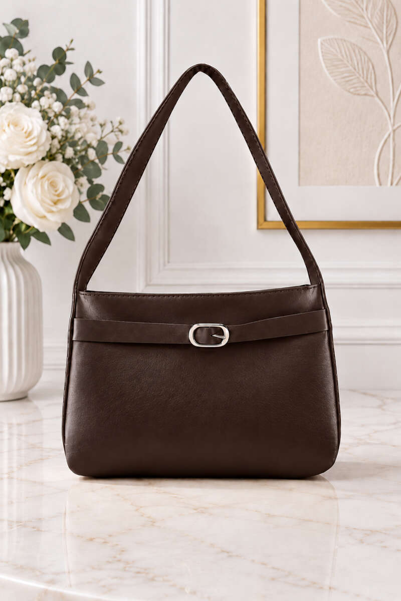 Shoulder Bag with Belt Buckle Detail - Dark Brown