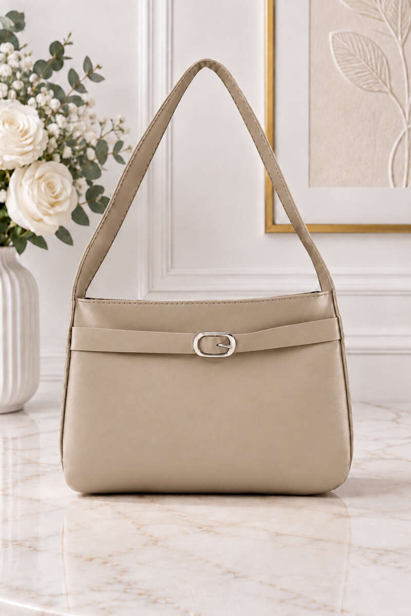 Shoulder Bag with Belt Buckle Detail - Beige