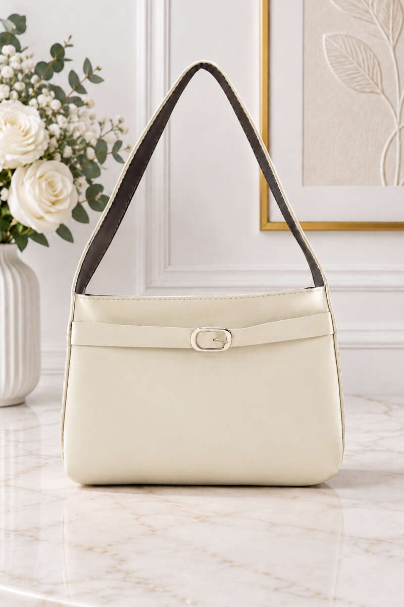 Shoulder Bag with Belt Buckle Detail - Bone