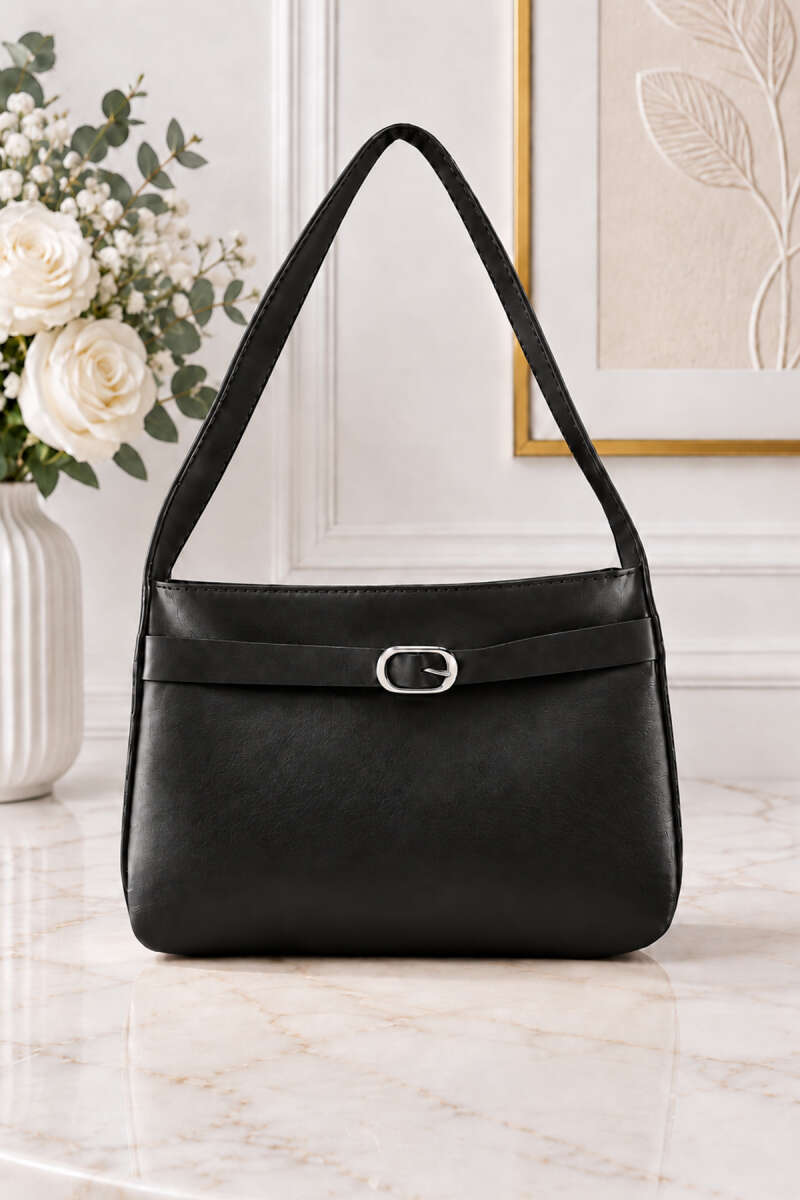 Shoulder Bag with Belt Buckle Detail - Black