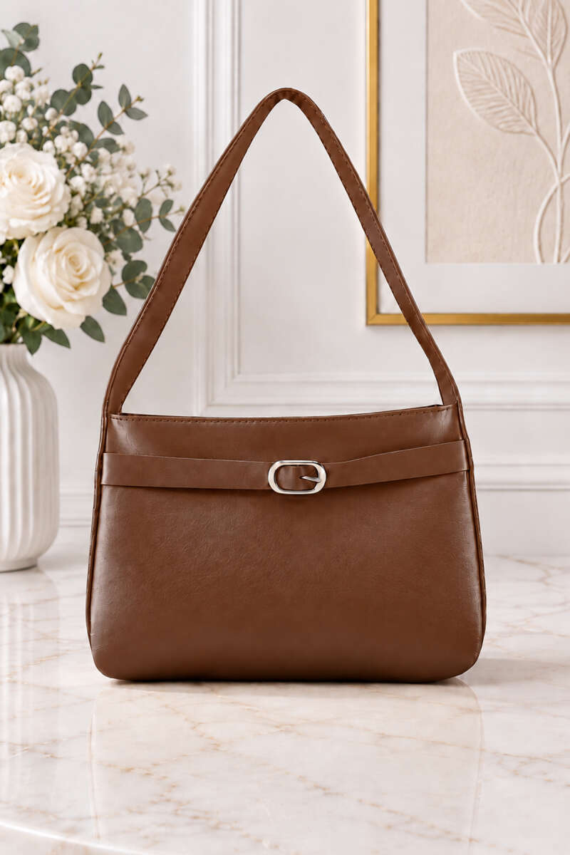 Shoulder Bag with Belt Buckle Detail - Tan