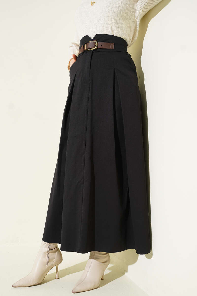 Button Skirt with Belt Buckle - Black