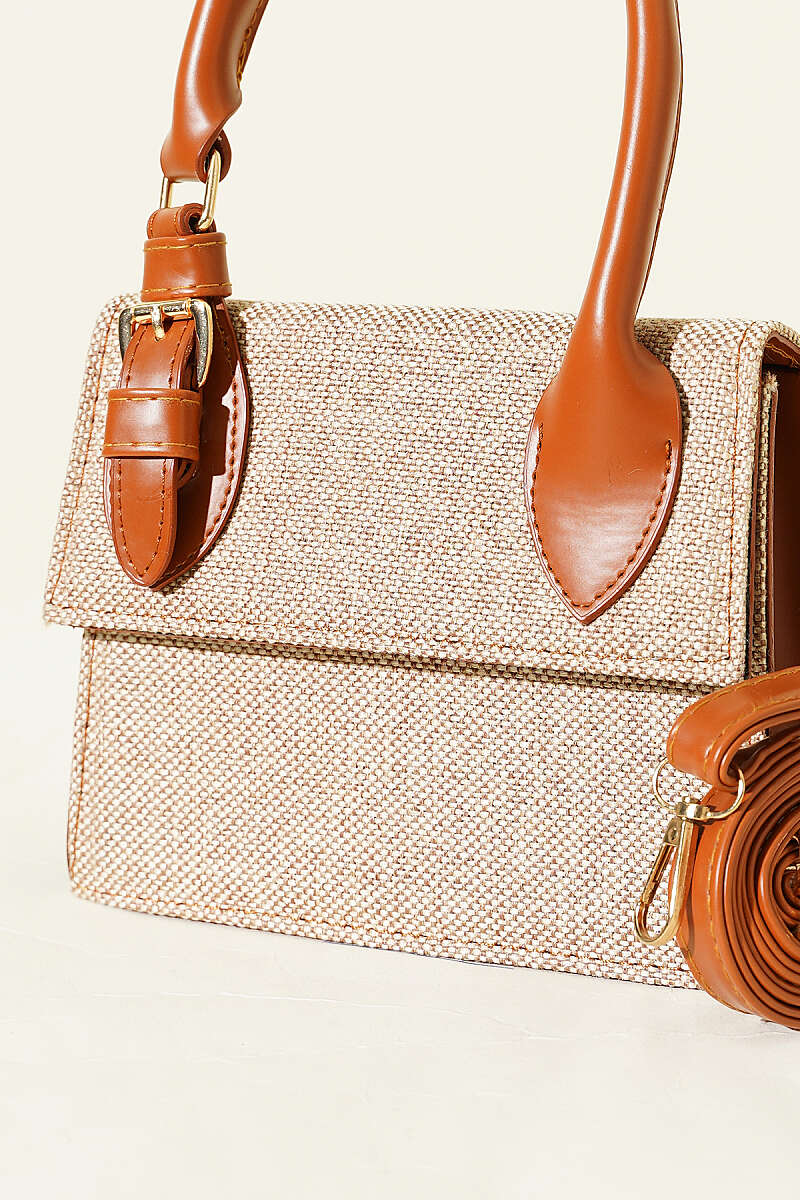 Straw Bag with Belt Buckle - Tan