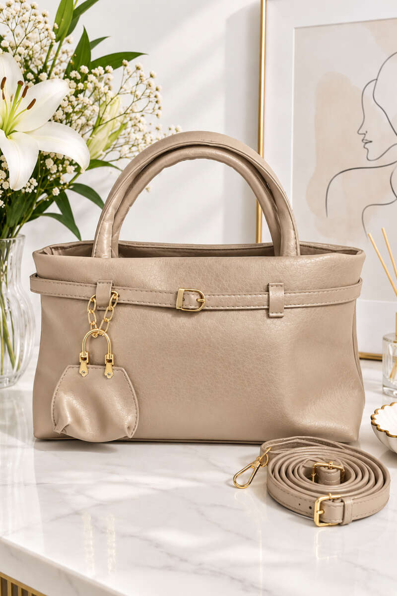 Handbag with Belt Buckle - Beige