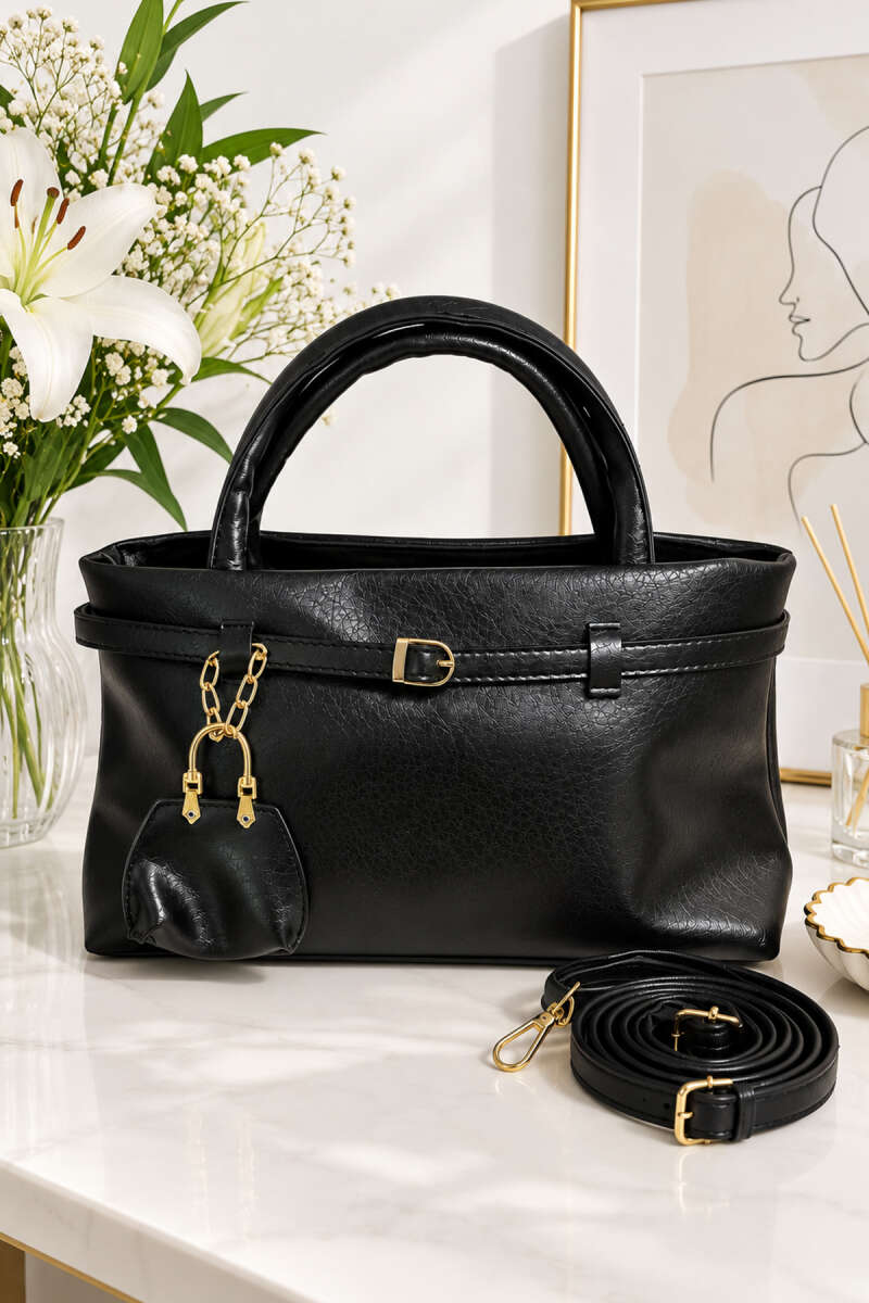 Handbag with Belt Buckle - Black