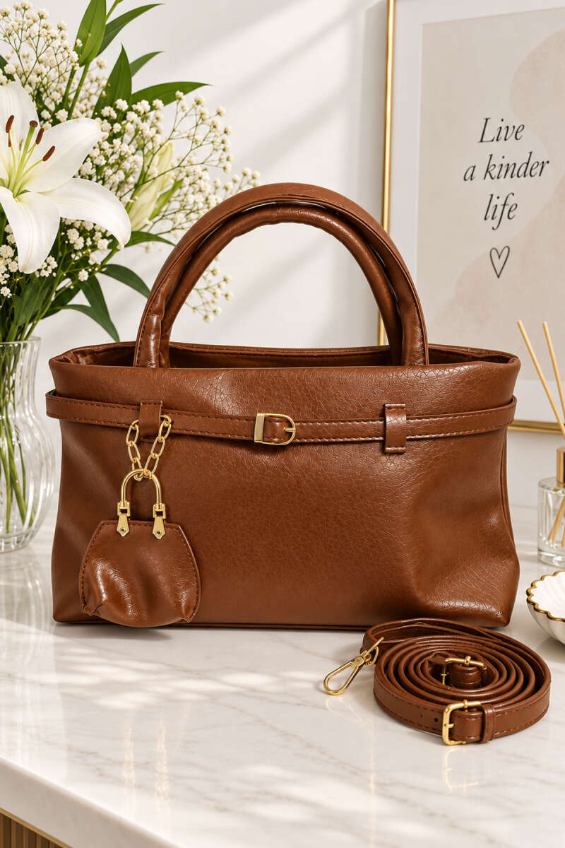 Handbag with Belt Buckle - Tan