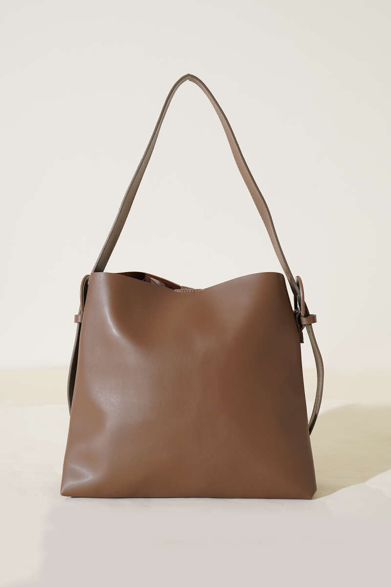 Shoulder Bag with Belt Buckle - Light Brown